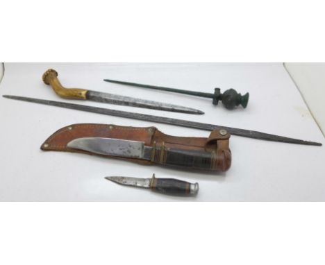 A knife marked William Rodgers, with scabbard, one other similar small knife, a dagger with antler handle, a blade and a heav