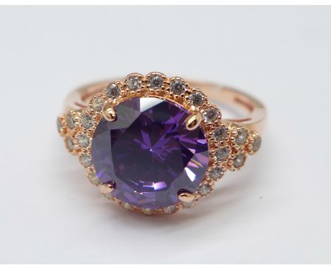 A silver gilt, amethyst and zircon cluster dress ring, N 