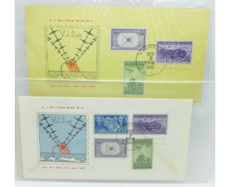 1945 VJ Day postcard with 5c Korea flag stamp, 3c Corregidor stamp and 3c two Jima stamps, cancelled by Washington DC Sept 2 