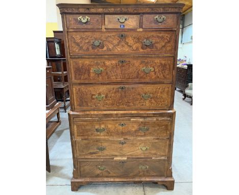 An 18th century walnut and burr veneered chest on chest with reeded canted sides on bracket feet. 71' high x 42' wide