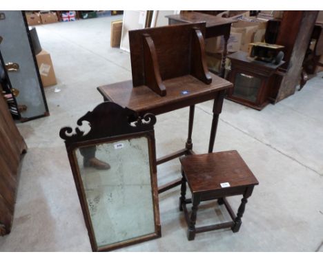 A 19th century pier glass (A.F.); two oak occasional tables and an oak wall bracket