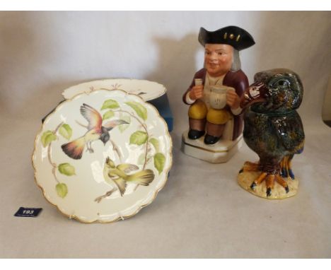 Six Royal Worcester Dorothy Doughty plates, a bird jar and cover in the style of Martin Brothers and a musical Toby jug