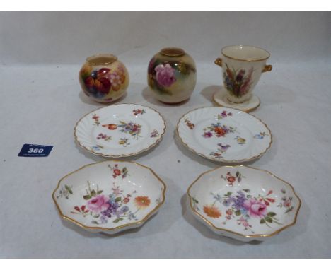 Two small Royal Worcester pots painted with flowers or fruit, one signed P.Blake; a Royal Worcester two handled footed vase; 