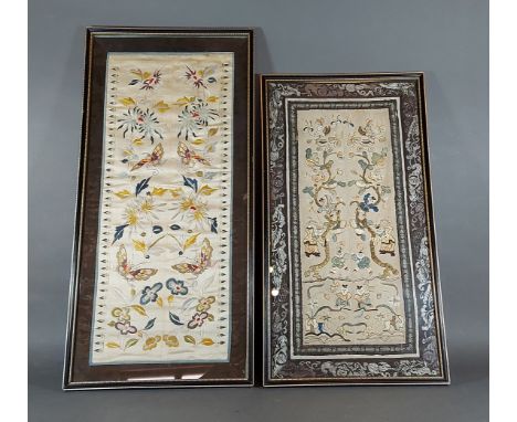 A Chinese silkwork panel decorated with figures amongst foliage together with another similar Chinese panel decorated with bu