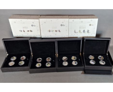 A Royal mint Portrait of Britain 2018 five pound silver proof four coin collection together with a similar collection dated 2