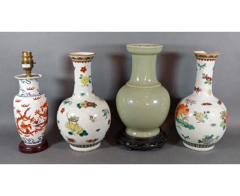 A Chinese Song style bottle neck vase together with a pair of crackleware bottle neck vases and a similar table lamp 