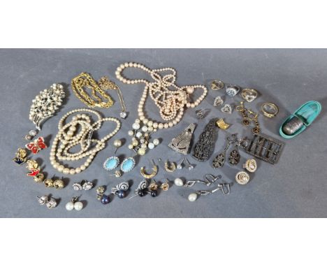 Three Pairs of Pearl Set Ear Studs, together with a collection of jewellery to include necklaces, brooches and rings 