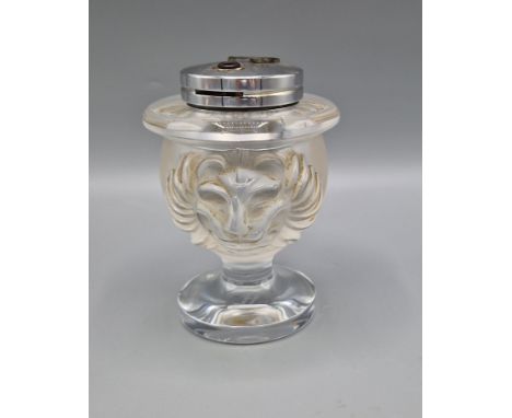 A Lalique Tete De Lion glass table lighter, signed Lalique France, 11.5cms tall 