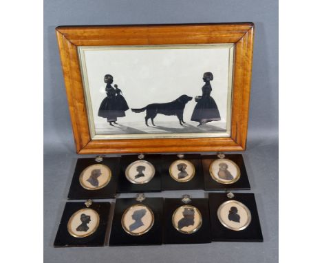 A set of eight silhouette portrait miniatures within ebonised frames together with a larger silhouette within maple frame 