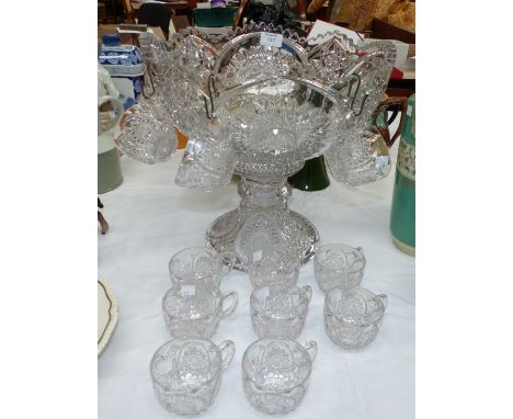 A 1930's pedestal glass punch bowl (in 2 pieces) with cups