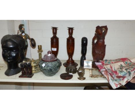 A pair of 1920's oak candlesticks; a brass inkwell; etc.