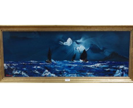 George R Deakins: Seascape at night, oil on board, signed, 14" x 40", framed