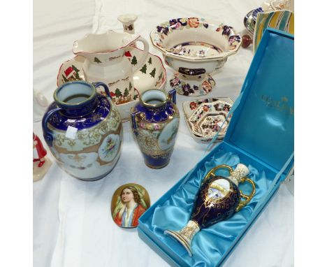 A Mason's Mandarin pattern 2-handled fruit bowl; 3 other pieces; an oval portrait on glass; 2 Noritake vases; a Mason's Xmas 