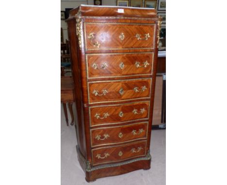 A Louis XV style ormolu mounted Kingwood tall commode Wellington chest with marble top fitted 6 drawers and hinged vertical l