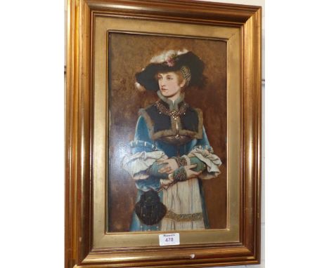 After Wilhelm Menzler:  photo heightened in oils, three quarter length portrait of a young woman in period costume, signed an