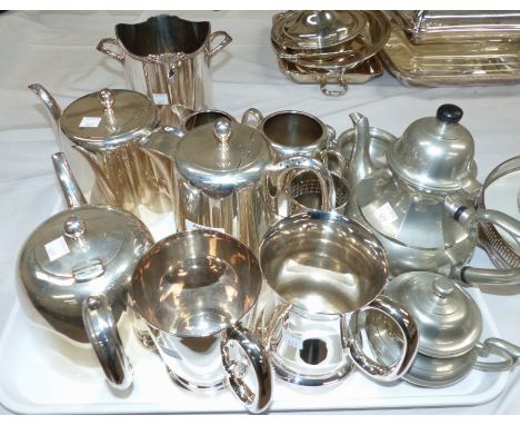 A 4 piece EPNS hotel ware tea service; a similar teapot and other items