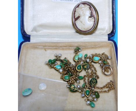 A necklace with green enamel, turquoise and fresh water pearl drops; 2 opal coloured stones; a cameo brooch