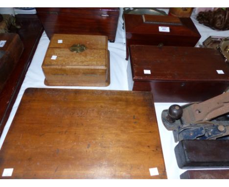 A 19th century sarcophagus shaped tea caddy; a document box; 2 other similar period boxes