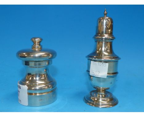A pedestal pepper pot, Birmingham 1906; a pepper grinder, London 1995