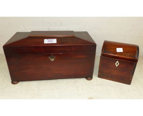 A 19th century mahogany sarcophagus shaped tea caddy, 11"; and another