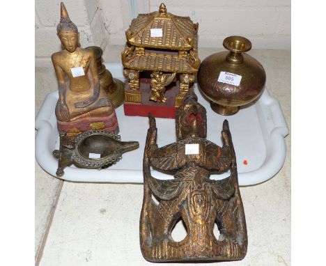 A 19th century Indian 2 tone metal water pot, 6"; an oil lamp and other eastern collectables