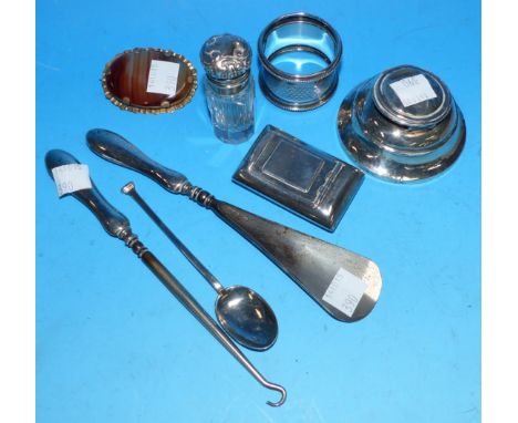 A late Victorian silver snuff box; a silver napkin ring; other pieces; a 19th century agate brooch