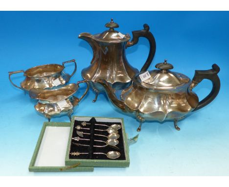 An elegant EPNS 4 piece tea service; a set of 6 Eastern coffee spoons, cased