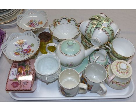 A pair of Dresden style pierced pedestal dishes; a Maling trinket dish; commemorative and decorative pottery