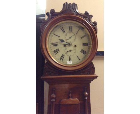 19TH CENTURY SCOTTISH LONGCASE CLOCKthe drum head hood with scroll cresting enclosing a circular painted enamel dial with sub