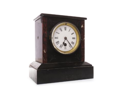 VICTORIAN MANTEL CLOCKthe circular white enamel dial with Roman numerals and 30 hour movement, contained in a black slate and