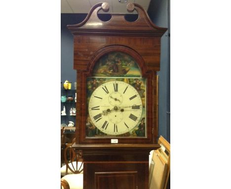 EARLY 19TH CENTURY SCOTTISH LONGCASE CLOCKthe lofty hood with swan neck pediment enclosing an arched painted enamel dial with