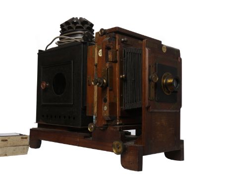 MIDLAND CAMERA CO. MAGIC LANTERNwith brass lens no. 906 by Taylor & Hobson, and fittings, electric lamp, approximately 49cm x