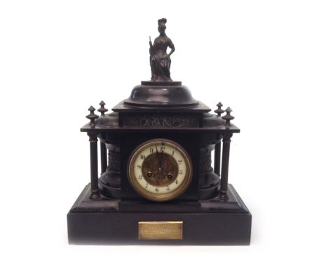 LATE VICTORIAN FRENCH BLACK SLATE MANTEL CLOCKthe movement by Japy Freres & Cie., of architectural form, the roof supported b