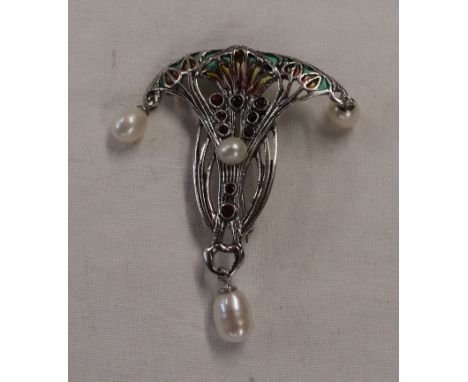 Silver Art Nouveau style champlevé enamel stone set brooch