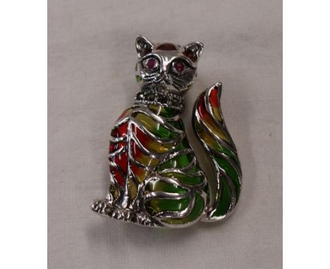 Silver champlevé enamel stone set cat brooch