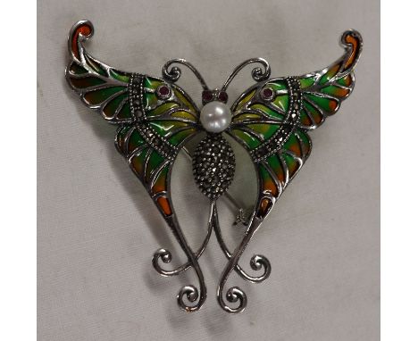 Silver enamel, pearl &amp; stone set butterfly brooch