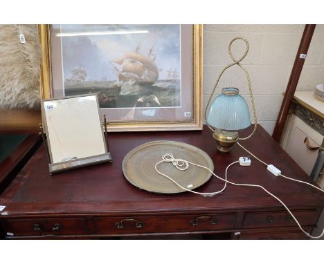 Brass dressing table mirror, hanging lamp and tray