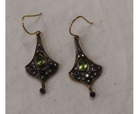 Pair of amethyst, peridot &amp; diamond earrings