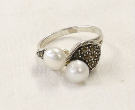 Silver pearl &amp; marcasite ring