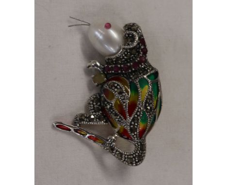 Silver champlevé enamel stone set rat brooch