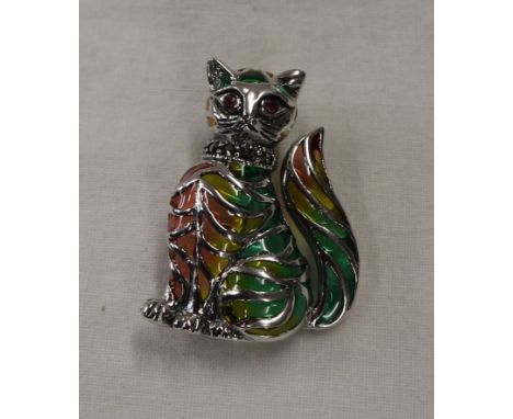 Silver champlevé enamel cat brooch