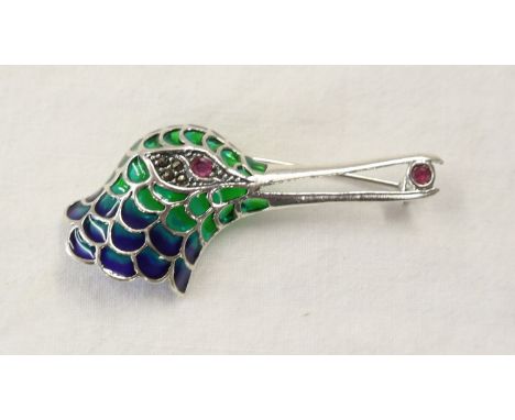 Silver, champlevé enamel &amp; stone set crane brooch