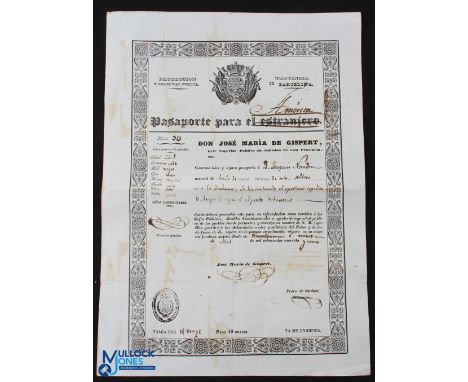 Spain Passport for Emigrant Travelling to The United States, Malaga 1840 Certificate - the Spanish Royal Arms top centre- Det