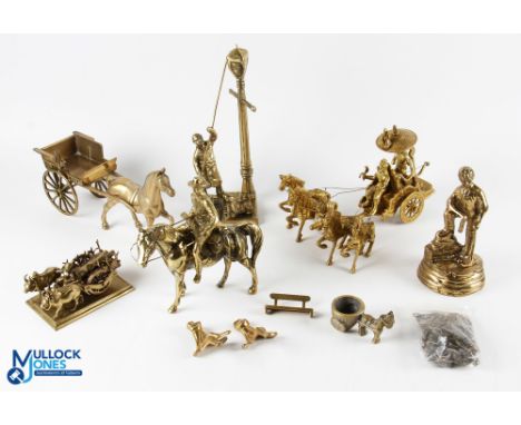 Vintage Brass Figures, a collection to include a miner, mounted cowboy, horse &amp; cart, lamp lighter, 2x Indian chariots / 