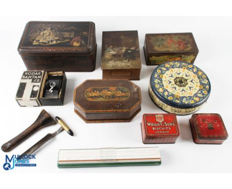 Mixed Collectables, to include period collectors tins, an antique cheese plug tool in leather wallet by Herbert &amp; Co, Smi