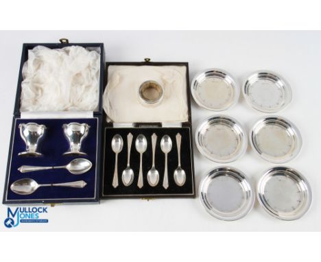 Mixed Hallmarked Silver Items - including 6x small round dishes, Birmingham 1971, cased Mappin &amp; Webb Egg cup set includi