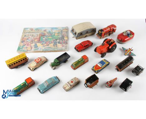 Period Tinplate &amp; Clockwork Toys, a mixed lot to include Tri-ang Minic, Glam toy Products cars and train, O gauge Brimtoy