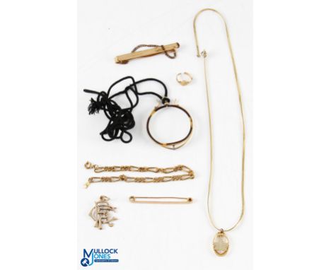 RFC Royal Flying Corps 9ct Gold Monogram Pendant stamped to back 9ct, length 2.5cm, with 9ct gold bar brooch and small scrap 