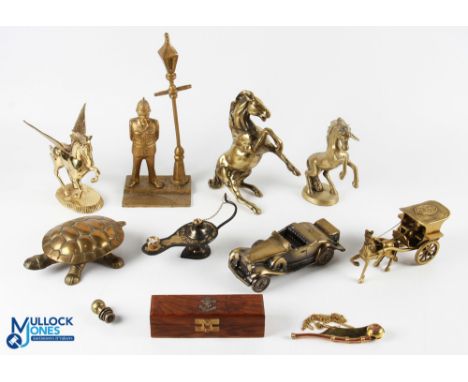 Vintage Brass Figures, a collection to include a horse, Pegasus, tortoise, policeman under streetlamp, Jerusalem oil lamp, a 