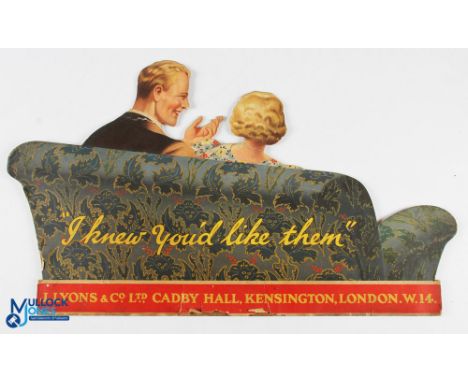 c1930 J Lyons &amp; Co London Card Shop Advertising display sign, a card cut-out of a couple on step with "I Knew you'd like 